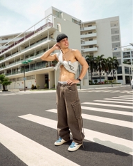 Insane® Cross Waist Cargo Denim Pants - Dirty Brown