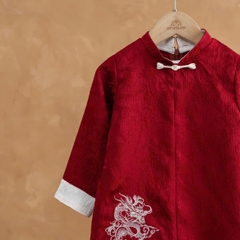 Set Áo Dài Đỏ Họa Tiết Rồng Quần Kem