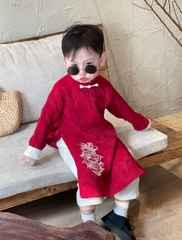 Set Áo Dài Đỏ Họa Tiết Rồng Quần Kem