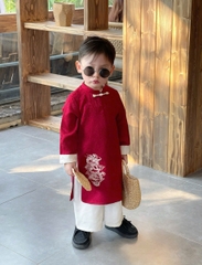 Set Áo Dài Đỏ Họa Tiết Rồng Quần Kem