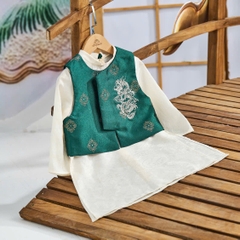 Set Áo Dài Kem Choàng Xanh Hình Rồng