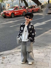 Áo Sơ Mi Tay Dài Đen Hoa Trắng