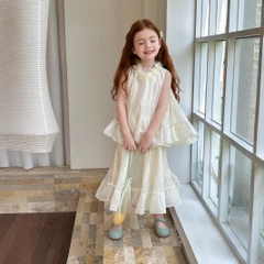 SET Dài Áo Váy Hoa Cổ Kem Peach