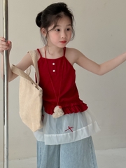 SET Dài Áo Dây Đỏ Quần Jean Quây Ren KM