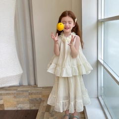 SET Dài Áo Váy Hoa Cổ Kem Peach