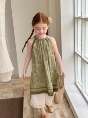 SET Dài Váy Hoa Xanh Quần Thun Kem Peach