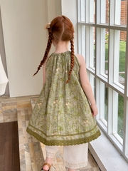 SET Dài Váy Hoa Xanh Quần Thun Kem Peach