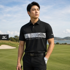 Áo Polo Mizuno Chính Hãng - Smooth Front Print Switching Collar Short Sleeve - Màu Đen | JapanSport E2GAB008-09