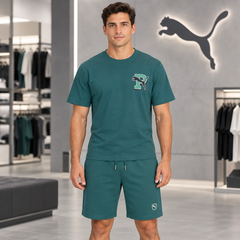 Bộ Thể Thao PUMA Nam Chính Hãng - áo Graphic Varsity & Quần Short ESS Elevated - Màu xanh | JapanSport 694086-41 694151-41