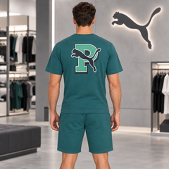 Bộ Thể Thao PUMA Nam Chính Hãng - áo Graphic Varsity & Quần Short ESS Elevated - Màu xanh | JapanSport 694086-41 694151-41