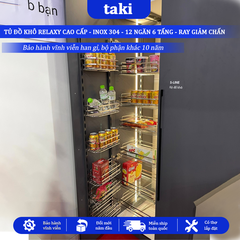 Tủ Đồ Khô Nhà Bếp 12 Ngăn 6 Tầng RELAXY CAO CẤP, INOX 304, Hệ Ray Giảm Chấn - Bảo Hành Vĩnh Viễn - Có Thợ Lắp