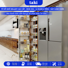 Tủ Đồ Khô Nhà Bếp 12 Ngăn 6 Tầng RELAXY CAO CẤP, INOX 304, Hệ Ray Giảm Chấn - Bảo Hành Vĩnh Viễn - Có Thợ Lắp