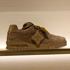 LOUIS VUITTON LV TRAINER SNEAKER IN TAUPE BROWN DAMIER EMBOSSED LEATHER