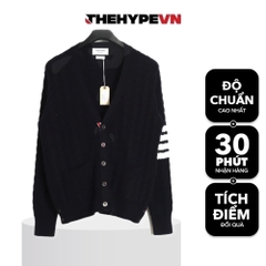 THOM BROWNE CARDIGAN - Áo TB 4 bar V-NECK Cable Knit (Navy) [Mirror quality]