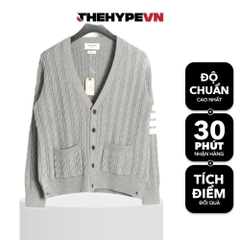THOM BROWNE CARDIGAN - Áo TB 4 bar V-NECK Cable Knit (Grey) [Mirror quality]