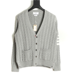 THOM BROWNE CARDIGAN - Áo TB 4 bar V-NECK Cable Knit (Grey) [Mirror quality]