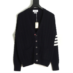 THOM BROWNE CARDIGAN - Áo TB 4 bar V-NECK Cable Knit (Navy) [Mirror quality]