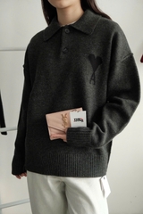 ÁO SWEATER AMI PARIS WOOL POLO (HEATHER GREY)