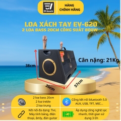 Loa EV-620 | 2 Bass 20Cm | Công Suất 800W | Sơn Sần Sân Khấu | 2 Mic UHF Kim Loại Cao Cấp