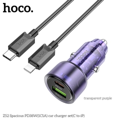 Bộ sạc nhanh cho xe hơi 38W HOCO Z52 cáp Type C to iPhone (1 cổng Type C PD + 1 cổng USB) chính hãng [BH 1 NĂM]