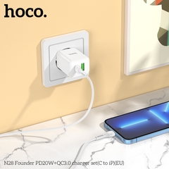 Bộ sạc nhanh 20W HOCO N28 c-l cóc 2 cổng (1 cổng type c 1 cổng usb) kèm cáp Type C ra Iphone chính hãng [BH 1 Năm]