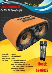 Loa kéo Soundbox SB-0802B 450w 2 bass 20cm, gỗ bọc da di động karaoke siêu hay bluetooth kèm 2 micro không dây UHF [BH 1 năm]
