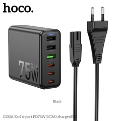 Cóc sạc nhanh 75w HOCO C133A (3 cổng USB + 3 cổng Type C PD) (3C3A) EU chính hãng [BH 1 năm]