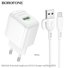 Bộ sạc 18W BOROFONE BAS42A (cóc 1 cổng USB, cáp USB ra Micro) (EU) có báo đèn LED chính hãng [BH 1 năm]