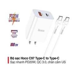 Bộ sạc nhanh 20w HOCO C97 (c-c) (2 cổng PD QC3.0) kèm cáp Type C ra Type C chính hãng [BH 1 năm]