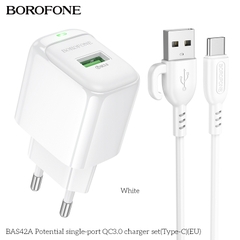 Bộ sạc 18W BOROFONE BAS42A (cóc 1 cổng USB, cáp USB ra Type C) (EU) có báo đèn LED chính hãng [BH 1 năm]