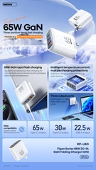 Cóc sạc nhanh 65W Remax RP-U60 CN 3 Cổng GaN (2 cổng Type C PD65W+ 1 Cổng USB QC3.0) Chính hãng [BH: 1 NĂM]