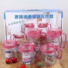 Hộp 5 hủ gia vị bằng thủy tinh có quai cầm, có nắp cao cấp
