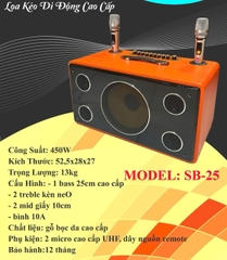Loa bluetooth Karaoke xách tay SoundBox SB-25 gỗ bọc giả da siêu đẹp kèm 2 mic UHF chống hú