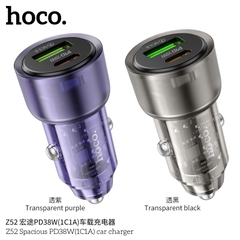 Cóc sạc nhanh cho xe hơi 38W HOCO Z52 (1 cổng Type C PD + 1 cổng USB) trong suốt chính hãng [BH 1 NĂM]