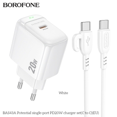 Bộ sạc nhanh 20W BOROFONE BAS43A (cóc 1 cổng Type C, cáp Type C ra Type C) (EU) có báo đèn LED chính hãng [BH 1 năm]