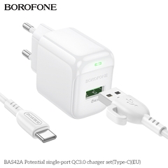 Bộ sạc 18W BOROFONE BAS42A (cóc 1 cổng USB, cáp USB ra Type C) (EU) có báo đèn LED chính hãng [BH 1 năm]