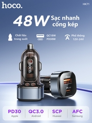 Cóc sạc nhanh xe hơi trong suốt 30w HOCO HK71 (1 cổng USB QC3.0 18W, 1 cổng Type C PD30W) chính hãng [BH 1 năm]