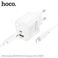 Bộ sạc nhanh 30W HOCO CS55A (Cóc 1 cổng USB QC 3.0 + 1 cổng Type C PD30W, Cáp Type C ra iPhone Lighting) (EU) báo đèn LED chính hãng [BH 1 năm]