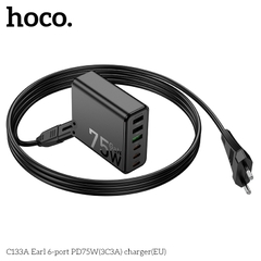 Cóc sạc nhanh 75w HOCO C133A (3 cổng USB + 3 cổng Type C PD) (3C3A) EU chính hãng [BH 1 năm]