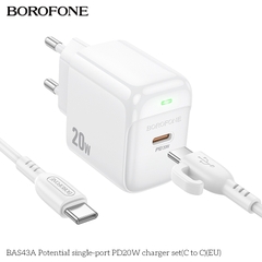 Bộ sạc nhanh 20W BOROFONE BAS43A (cóc 1 cổng Type C, cáp Type C ra Type C) (EU) có báo đèn LED chính hãng [BH 1 năm]