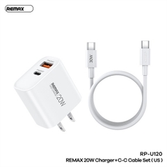 Bộ sạc nhanh 20w Remax RP-U120 US (C-C) cóc 1 cổng typec vs 1 cổng usb kèm cáp 2 đầu typec chính hãng [BH 1 Năm]