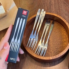 Combo hộp 10 nĩa, cây xiên ăn hoa quả, trái cây, mứt chất liệu inox