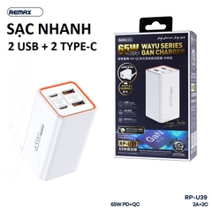 Cóc sạc nhanh 65w Remax RP-U39 sạc laptop macbook được, 2 cổng USB vs 2 cổng Type C QC3.0+PD chính hãng [BH 1 Năm]