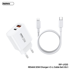 Bộ sạc nhanh 20w Remax RP-U120 (C-L EU) cóc 1 cổng type c vs 1 cổng usb kèm cáp c-l (type c ra iphone) chính hãng [BH 1 Năm]