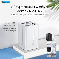 Cóc sạc nhanh 4 cổng usb Remax RP-U43 CN chính hãng 3.4A [BH 1 năm]