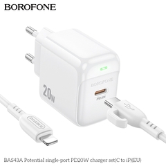 Bộ sạc nhanh 20W BOROFONE BAS43A (cóc 1 cổng Type C, cáp Type C ra iPhone) có báo đèn LED chính hãng [BH 1 năm]