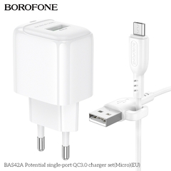 Bộ sạc 18W BOROFONE BAS42A (cóc 1 cổng USB, cáp USB ra Micro) (EU) có báo đèn LED chính hãng [BH 1 năm]