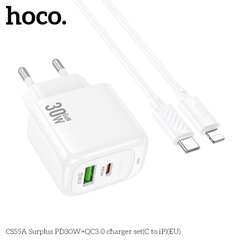 Bộ sạc nhanh 30W HOCO CS55A (Cóc 1 cổng USB QC 3.0 + 1 cổng Type C PD30W, Cáp Type C ra iPhone Lighting) (EU) báo đèn LED chính hãng [BH 1 năm]