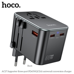 Cóc sạc chuyển đổi đa năng HOCO AC17 PD65W 1 cổng USB + 2 cổng Type C (du lịch) chính hãng [BH 1 NĂM]