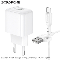 Bộ sạc 18W BOROFONE BAS42A (cóc 1 cổng USB, cáp USB ra Type C) (EU) có báo đèn LED chính hãng [BH 1 năm]